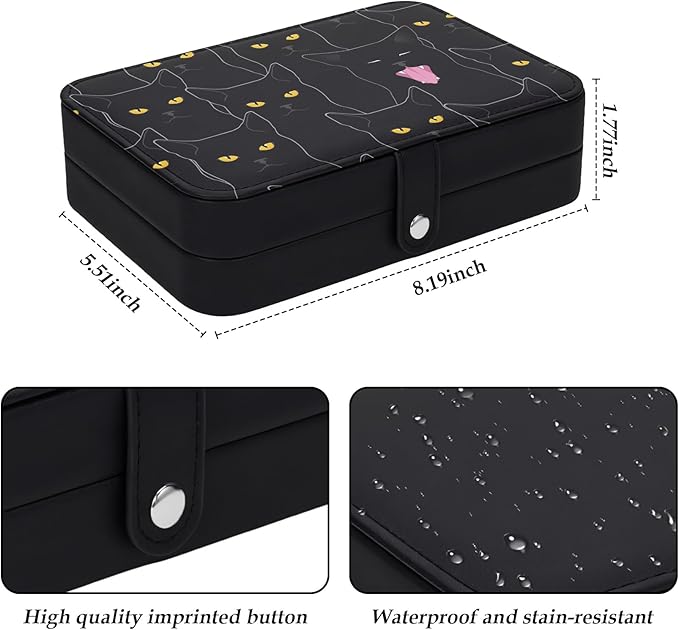 Jewelry Box Organizer Leather Travel Jewelry Case for Women Girls Small Jewellery Box Black Cats Pattern Portable Travel Jewellery Storage Holder Gifts for Birthday Christmas Thanksgiving