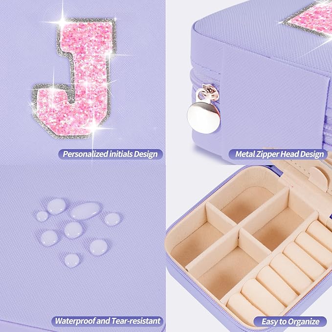 Uygafly Travel Jewelry Case - Personalized Jewelry Box for Women,Small Jewelry Organizer Cute Jewelry Organizers and Storage Aesthetic,Travel Essentials Birthday Gifts for Girls Women | Lavender,J