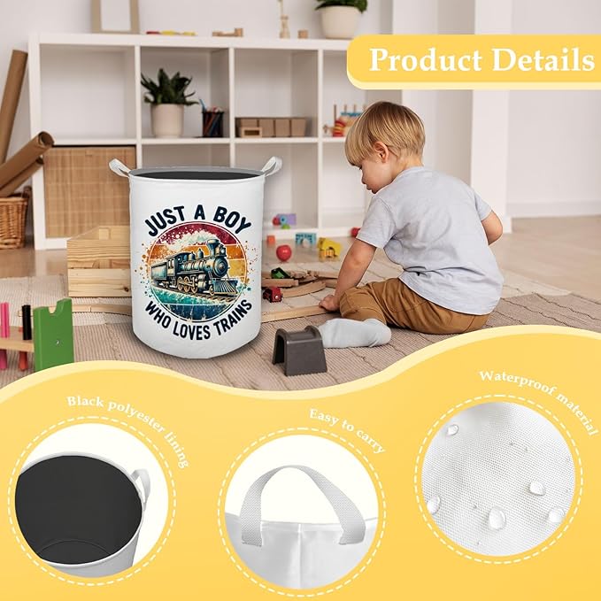 Just a Boy Who Loves Trains Laundry Basket, Toybox for Boys, Gifts for Train Lovers Enthusiasts Laundry Hamper Waterproof Collapsible Storage Bin Organizer for Bedroom Bathroom Dorm Clothes Toys
