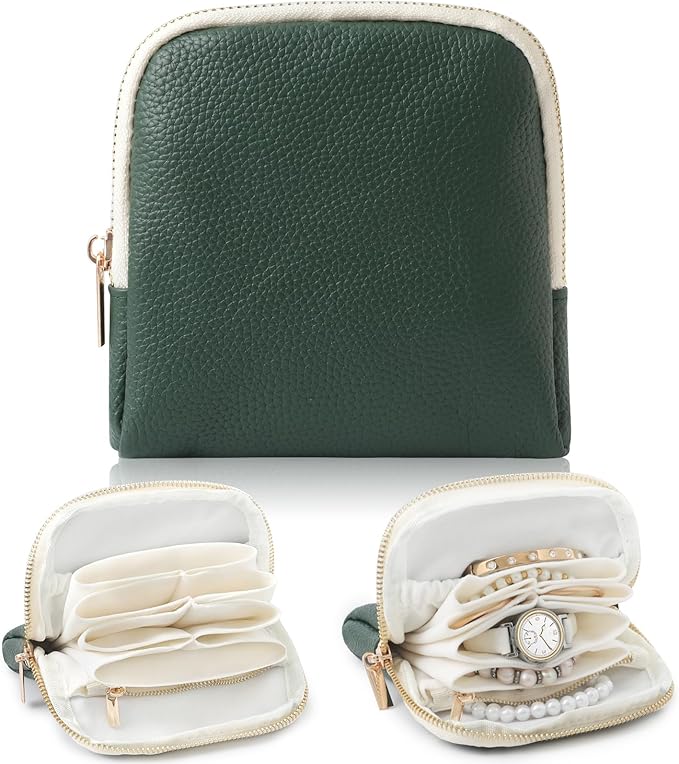 Genuine Leather Travel Jewelry Organizer Case Pouch Bags with Zipper, Small Mini Portable Jewelry Storage Bag for Ring Earrings Necklace Bracelet Travel Essentials Gift for Women（Dark Green）
