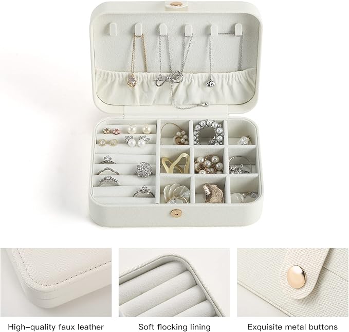 CASEGRACE Travel Jewelry Box Small Jewelry Organizer Case Display Storage for Earrings Necklace Rings Bracelets Portable Jewelry Organizer for Women Girls, White