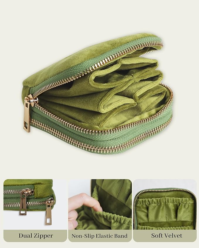 Stratalife Travel Jewelry Case Organizer 2-Layer Compact Storage Bag for Rings Earrings Necklace Bracelet Portable Velvet Jewelry Pouch with Zippers Accessories Travel Essential Gift for Women Green