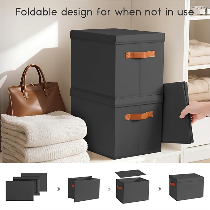 Homsorout Storage Bins with Lids - Large Fabric Closet Bins with Lid, 6 Pack Clothes Organizers and Storage, Collapsible Stackable Cube Basket for Home, Office, Dorm, Black