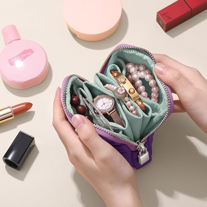 Small Travel Jewelry Case Set 2-in-1 Detachable Velvet Pouches, Portable Jewelry Organizer Bag for Rings Earrings Bracelets, Gift Box for Women (Lavender Purple)