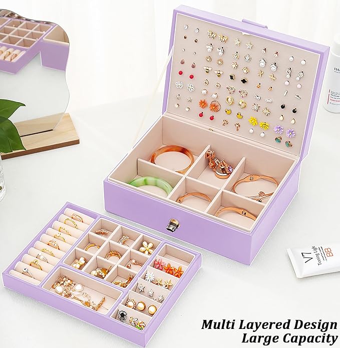 Earrings Jewelry Box for Girls, Large Capacity Jewelry Organizer with 40-Pair Earring Board, 2-Layer Leather Jewelry Storage Box for Necklaces Rings Bracelets with Removable Tray, LightPurple