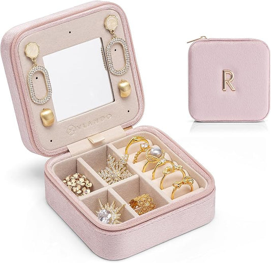 Vlando Small Travel Jewelry Box Organizer Display Case for Rings Earrings Necklaces Storage, Selected Soft Velvet, Letter R Engraved, Pink