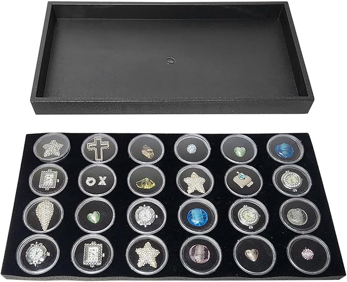 Ikee Design 24 Gem Showcase Stackable Jewelry Display Tray for Collectibles, Rock Storage Box Gemstones Bead Storage Jars, Black Foam, Black Tray, 14 7/8W x 8 3/8D x 1H in