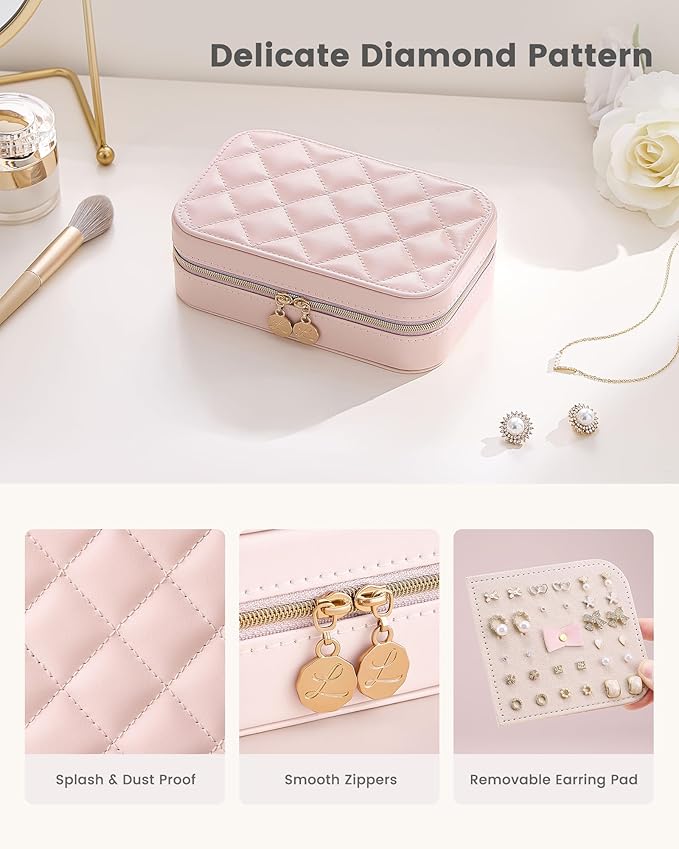 Lolalet Travel Jewelry Case for Women Girls, PU Leather Jewelry Organizer with Clear Storage Bag Small Portable Jewelry Box for Necklace Bracelet Earring Ring Mothers Day Birthday Gifts -Medium/Pink