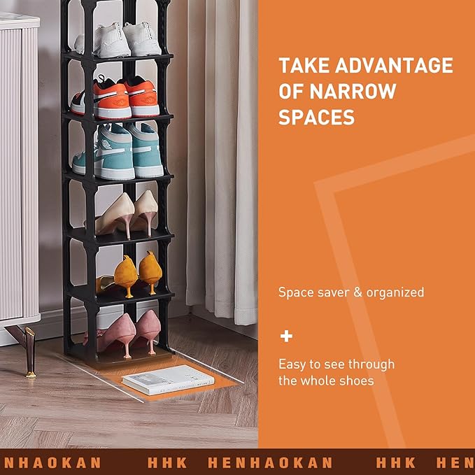 5 Tiers Shoe Rack Organizer for Closet Shoe Holder Storage Narrow Plastic Vertical, Free Standing Shoe Rack Shelf for Entryway Stackable Stability DIY, Black