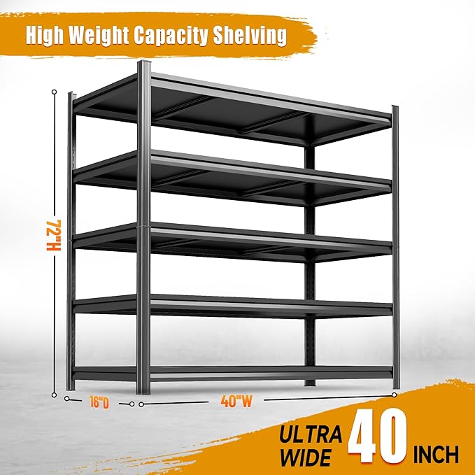 72''H Garage Shelving, 5 Tier Heavy Duty Shelving, Garage Storage Shelves, 3000 lbs Capacity Adjustable Standing Shelf and Thickened Double-Layer Posts for Garage,Warehouse,Basement, Black