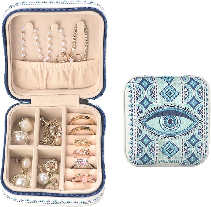 shunmei Mini Travel Jewelry Box,PU Leather Portable Jewelry Organizer Case,Art Accessories Storage Holder Boxes for Earring, Necklace, Rings, Bracelets (White Eyes)