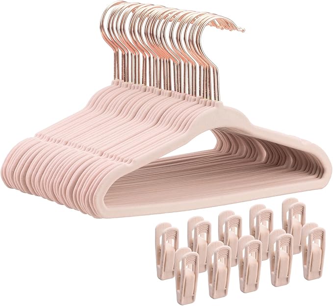 Tonswachic Baby Velvet Hangers 30 Pack - 11 Inch Non Slip Felt Kids Hanger for Newborn Clothes - Ultra Thin Space-Saving Infant Hangers for Toddler Kids' Closet with 10 Hanger Clips - Pink