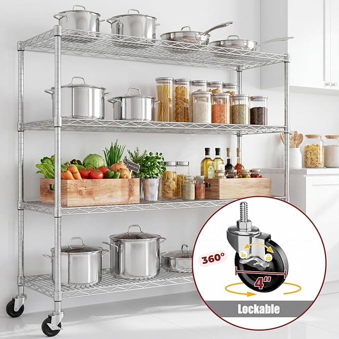 PrimeZone 4 Tier 55.5" Wx24 Dx76 H Wire Shelving with Wheels 2400lbs NSF Certified Storage Shelves Heavy Duty Metal Shelf Adjustable Rolling Rack Commercial Garage Restaurant Warehouse Kitchen Chrome