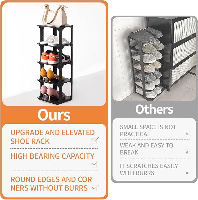 5 Tiers Shoe Rack Organizer for Closet Shoe Holder Storage Narrow Plastic Vertical, Free Standing Shoe Rack Shelf for Entryway Stackable Stability DIY, Black