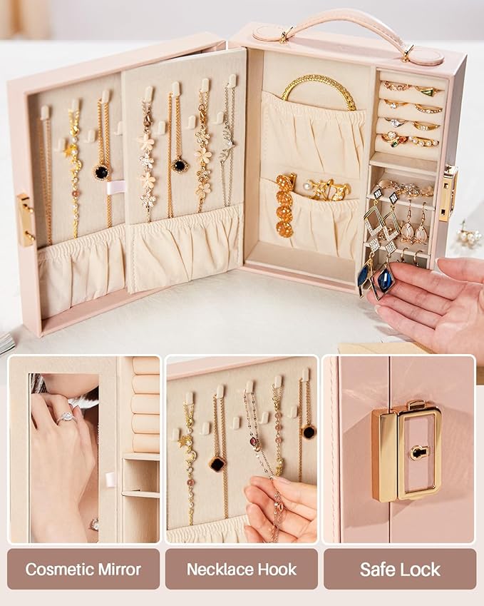 Enthralite Large Travel Jewelry Case: Portable Necklace Box with Mirror - PU Leather & Velvet Lined Jewelry Organizer for Ring Earring Bangle Bracelets Watch - Birthday Gift for Her