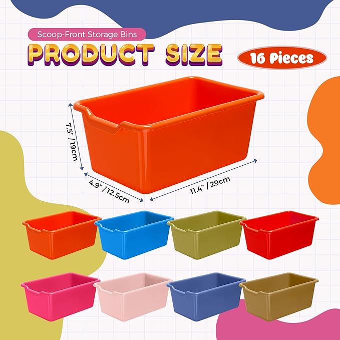 Dandat 16 Pcs Plastic Book Bins for Classroom Library Cubby Bins Scoop Front Stackable Toy Storage Tubs Containers for School Office Home Nursery Playroom Organization(Vintage Color)