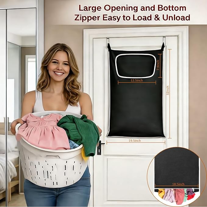 Over the Door Laundry Hamper, Hanging Laundry Hamper Bag with Wide Opening and Full-Length Zipper, Easy Storage & Access, Space Saving for Bathroom, Bedroom, Dorm, Travel (Black)