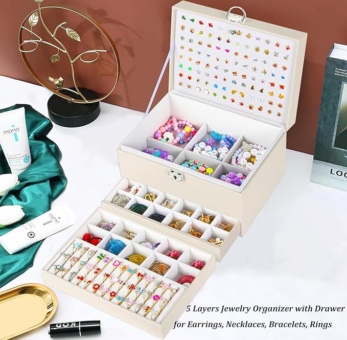 QBestry Earrings Jewelry Box for Girls, 5 Layers Jewelry Organizer with Earring Holder Organizer for Girls Earring Organizer Jewelry Boxes for Women Earrings and Necklaces Jewelry Box Organizer Beige