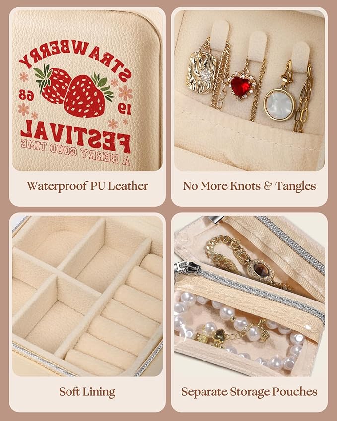 Bistup Travel Jewelry Case - Small Jewelry Organizers and Storage Box for Women Girls Teens Cute Traveling Jewelry Holder with Mirror Little Tiny Compact Strawberry Modern Unique Aesthetic Pretty