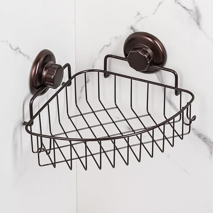 HASKO accessories Suction Cup Corner Shower Caddy - 304 Stainless Steel Shower Shelf - Adhesive 3M Stick Discs Included - Bathroom Caddy with Hooks - No Drilling Bathtub Storage Organizer (Bronze)