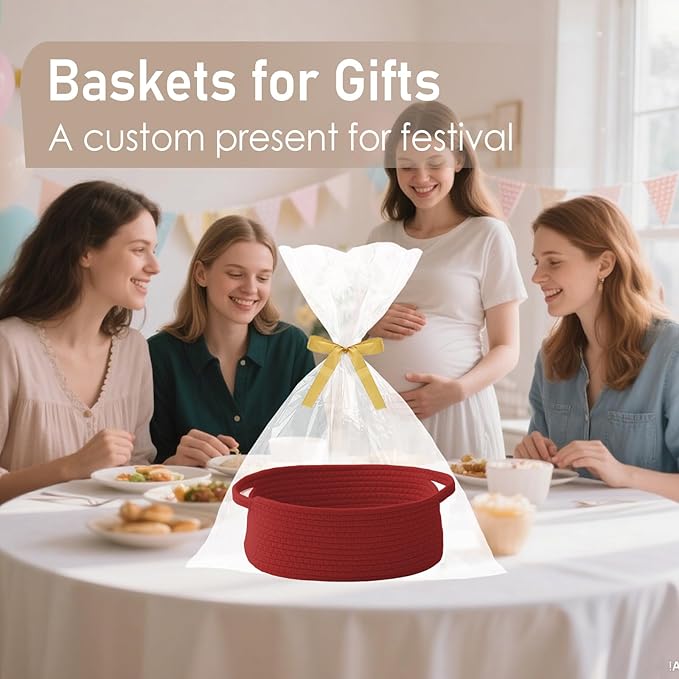 JMvicyroam Woven Basket,Small Rope Storage Bin with Handles & Ribbon Bag, Organizer for Shelves Closets,Gift Basket Empty for Birthday,Books,Dog Toys, Red/2 Pack