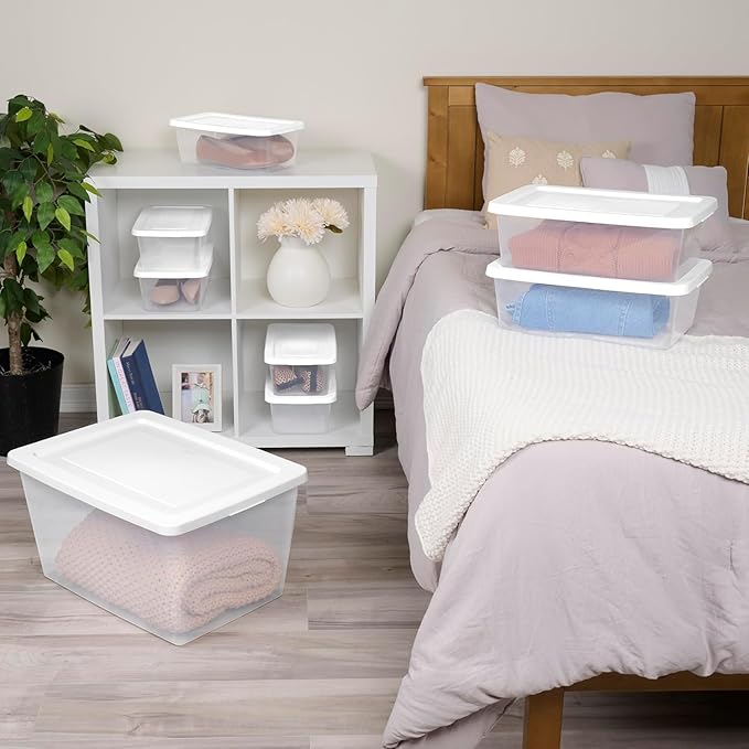 Sterilite 6 Quart Clear Storage Bins with Lids, 18-Pack Plastic Storage Containers, Clear Stackable Storage Bins Box for Closet, Garage, Classroom, Home Organization and Storage, Cloth Included