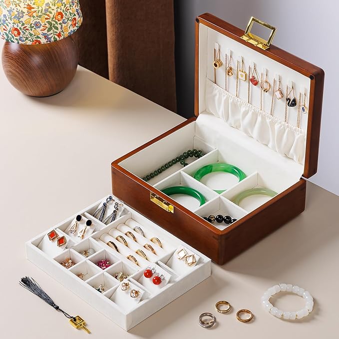 Solid Walnut Wood Jewelry Box with Lock, 2 Layer Velvet Jewelry Organizer Storage for Earrings Rings Necklaces Bracelets Cufflink, Gift Idea for Men Women, Beige