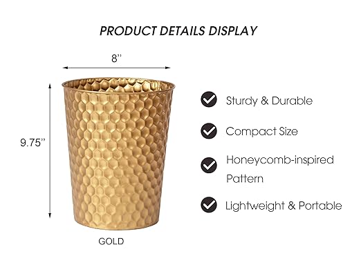 Venalys Small Metal Trash Can Wastebasket, Decorative Honeycomb Garbage Can Waste Basket, Modern Farmhouse Round Trash Bin for Bathroom, Bedroom, Kitchen and Office (Gold)