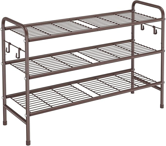 VILICK 3 Tier Shoe Rack 33" Wide Metal Shoe Organizer Long Shoe Storage with 4 Side Hooks Sturdy Shoes Shelf for Front Door Entrance, Closet, Garage, Dorm, Brown