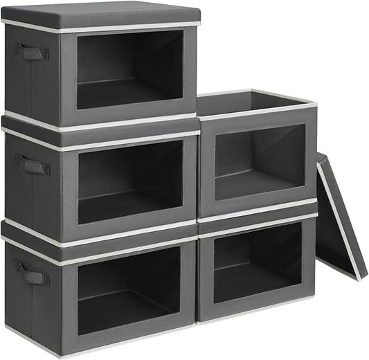 Homsorout Stackable Storage Bins with Lids - Medium Storage Box with Lids, Foldable Closet Boxes for Organizing, Wardrobe Clothes Organizer with Window, Cubes Bins for Living Room, 5 Pack, Dark Grey