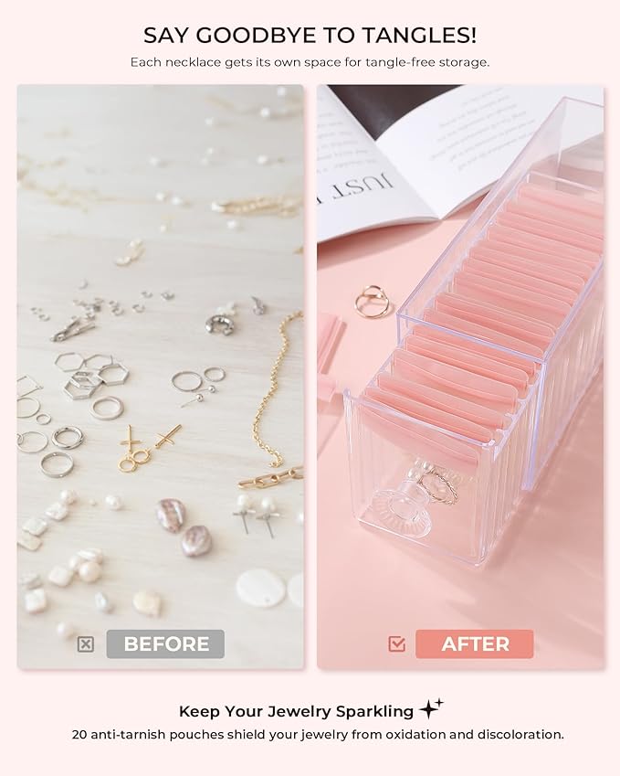 HOMEHIVE Clear Acrylic Jewelry Organizer Box with 20 Portable Pouches, Jewelry Storage Case for Women Girls, Tangle-Free, Anti-Tarnish, Compact Storage for Necklaces/Earrings/Rings, Upgraded Pink