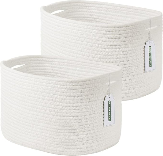 ECDYQXVU Cotton Rope Storage Basket, 15x10x9 Inches, Woven Basket for Shelves, Clothes, Towels, Books, and Laundry, White (2 Pack)