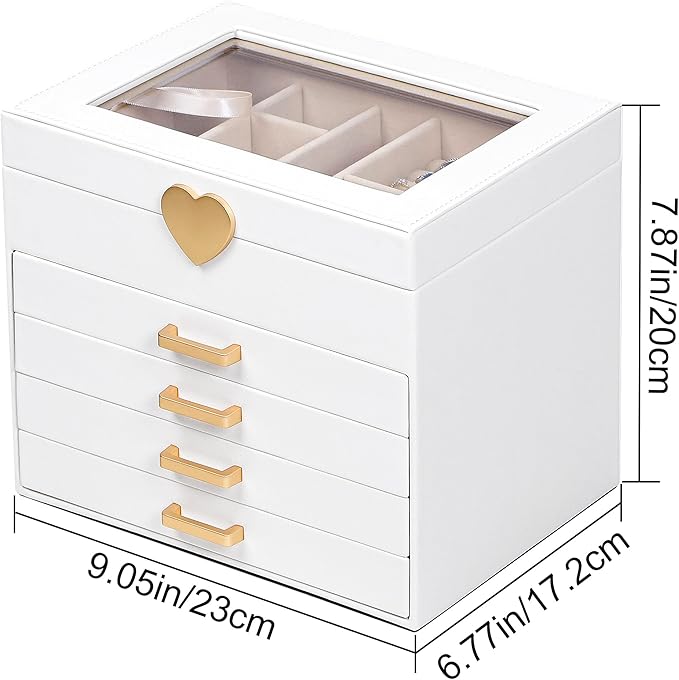 Kendal Jewelry Box, 5-Layer Jewelry Organizer Box with Glass Lid, Brass Gold and White, Heart Shaped PU Leather, Storage Box for Necklace Earrings Rings Bracelets, Gift Idea for Girls LJC4DRWH