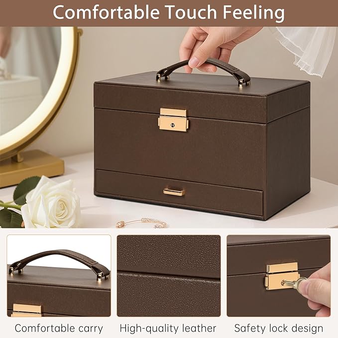 AKOZLIN Travel Jewelry Box Organizer Functional 2-trays Leather Jewelry Storage Case with Lockable Portable Drawer for Women Girls Ring Necklace Earring Bracelet