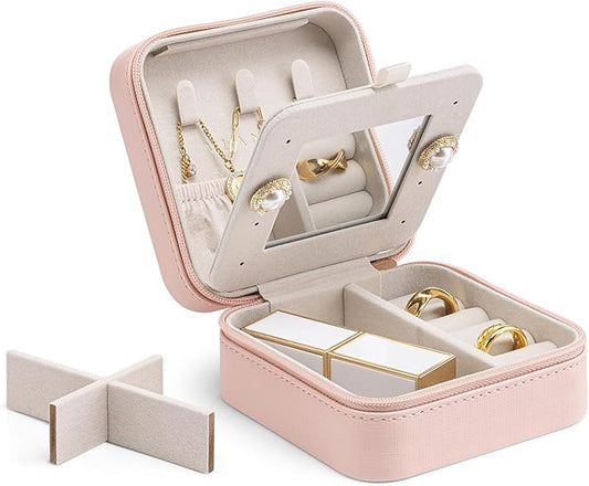 Vlando Small Travel Jewelry Box Organizer - Mirrored Jewelries Necklaces Rings Earrings Necklace Storage Case, Pink