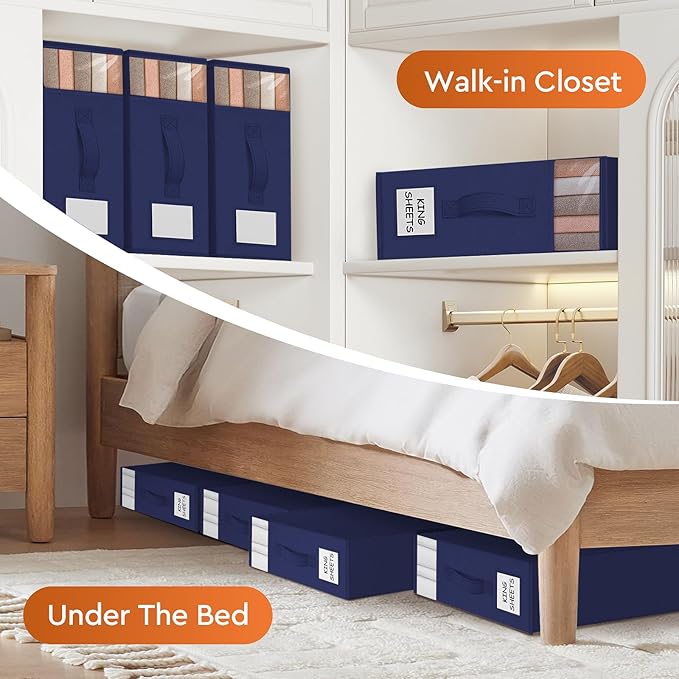 StorageTastic 4 Pack Bed Sheet Closet Organizers and Storage,Sturdy Foldable Storage Containers with Window and Label,Storage and Organization for Bedding Sheets,Duvet Covers,Blankets (Blue)