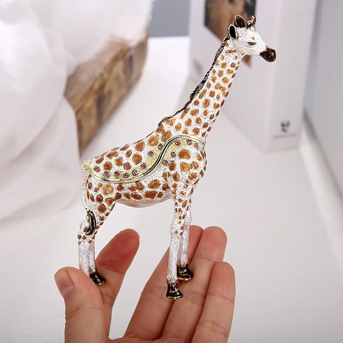 Hand Painted Animal Trinket Box for Home Decor, Hinged Jewelry Organizer Storage, Unique Personalized Collectible Keepsake Figurine Handmade Decorative Ornament Gifts (Giraffe)