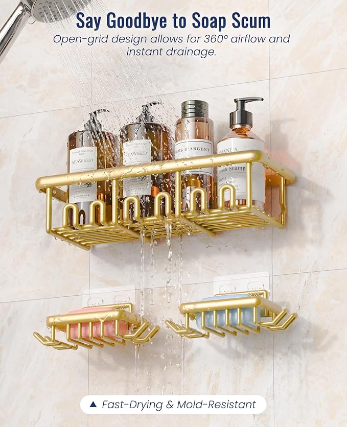 8 Pack Adhesive Rustproof Shower Shelves with Soap Dishes, Toothbrush Holder & Hooks, Large Capacity No-Drilling Shower Shelves Rack for Bathroom Organizers and Storage Accessories, Gold