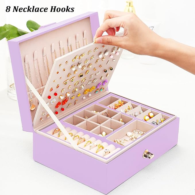 Earrings Jewelry Box for Girls, Large Capacity Jewelry Organizer with 40-Pair Earring Board, 2-Layer Leather Jewelry Storage Box for Necklaces Rings Bracelets with Removable Tray, LightPurple