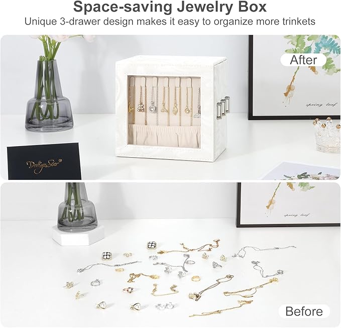 DesignSter Jewelry Box Organizer, Jewelry Box for Women, PU Jewelry Organizer Display Case with Side Drawers, Jewelry Storage for Earring Necklace Ring Bracelet Watch