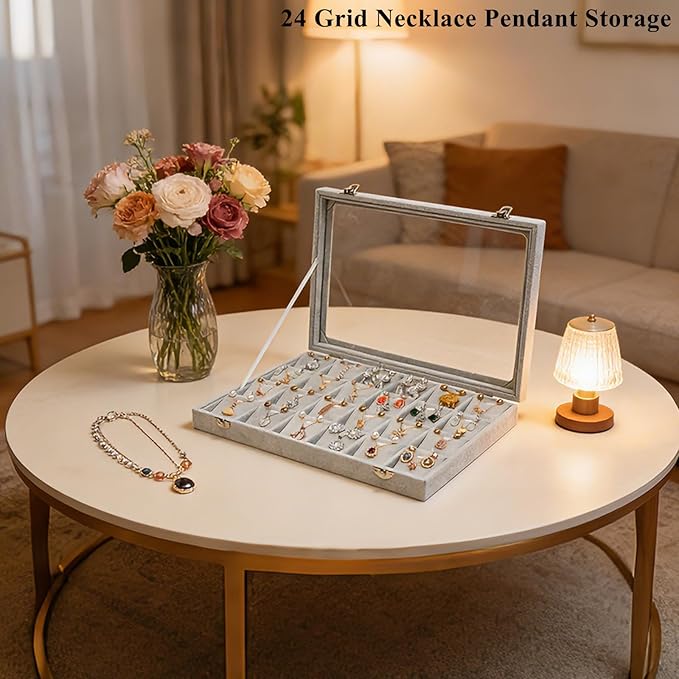 Jewelry Box Necklace Organizer Tray (Grey) Necklace Display Case for Storage Jewelry Display Stand 24 Slot Pendant Holder for Women