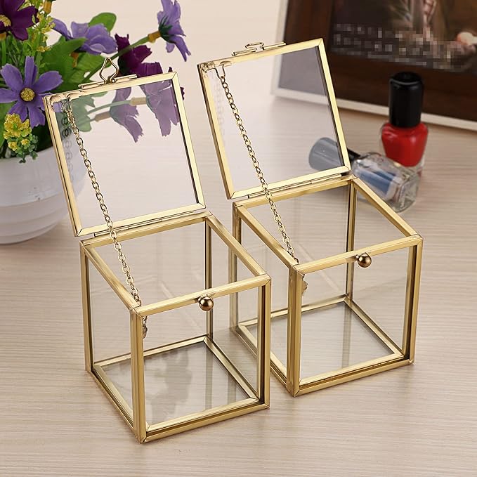 Hipiwe 2 Packs Vintage Glass Jewelry Organizer Box - Small Golden Metal Keepsake Box Desktop Jewelry Organizer Holder, Wedding Birthday Gift, Square Vanity Decorative Box for Dresser Bathroom