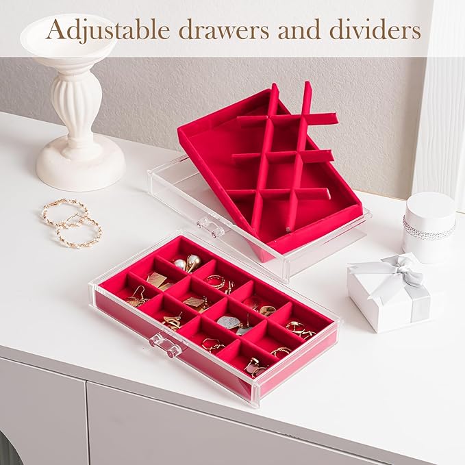 Lolalet Earring Holder Organizer Box Jewelry Storage with 6 Drawers, Clear Acrylic Stackable Earring Case with Adjustable Velvet Trays for Women on Dresser Vanity -Red, 6 Layers