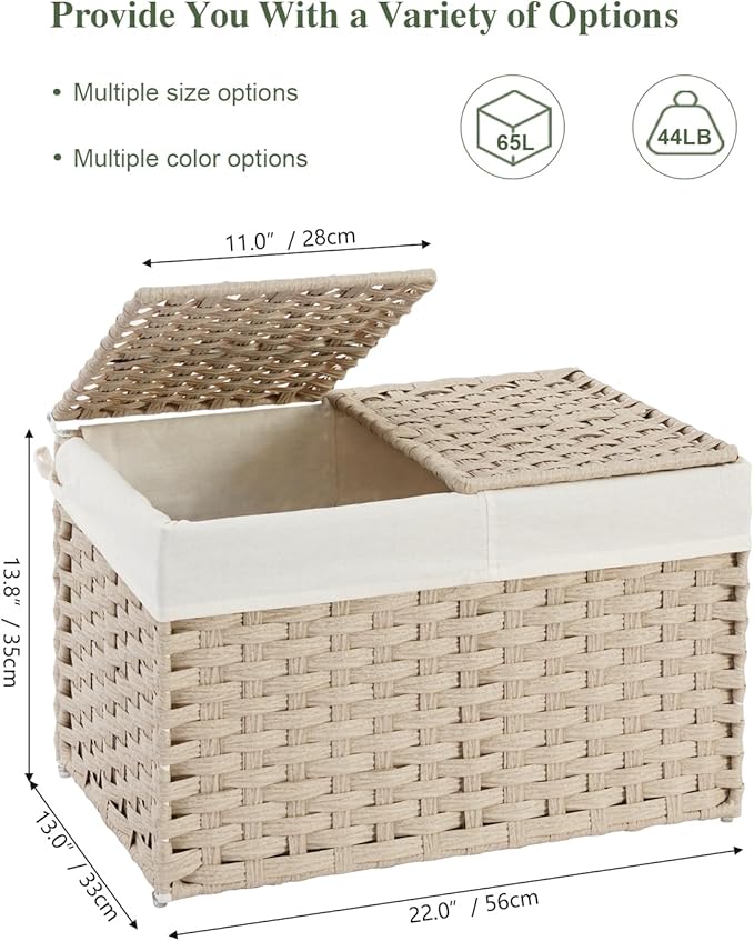 SETVSON Storage Basket with Lid Rattan Woven Storage Baskets with 2 Separate Lids, 17.2 Gallon (65 L) Wicker Storage Bins Foldable 2 Removable Liner Bags Handles for Bedroom, Laundry Room Light Khaki