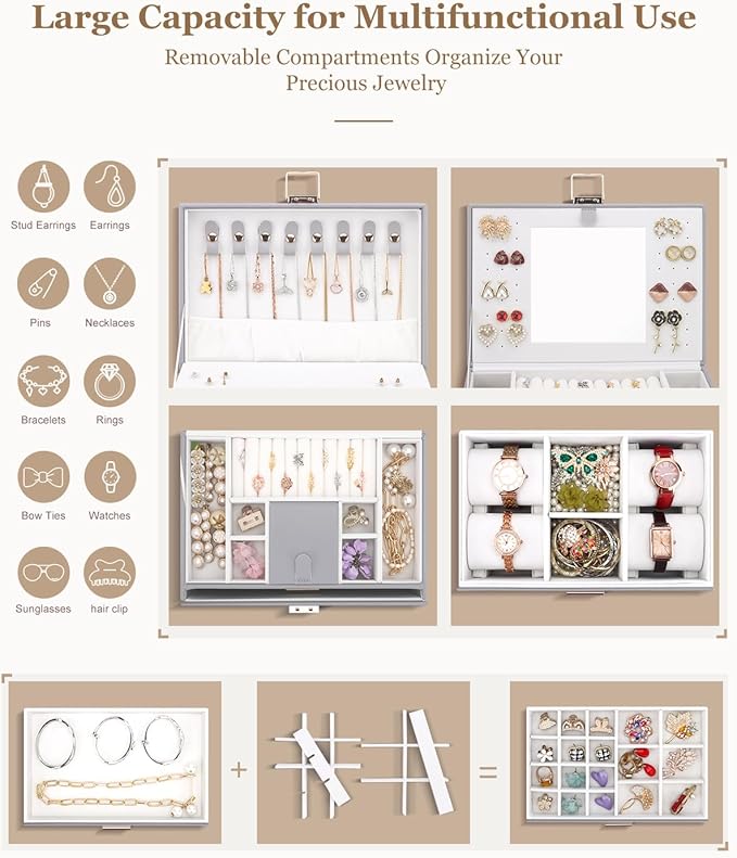 DesignSter Jewelry Box for Women Girl, 3-layer Lockable Jewelry Organizer with Mirror, Large Leather Jewelry Case for Earring Necklace Ring Bracelet Watch