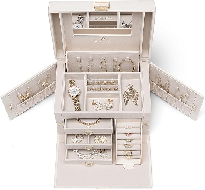 Vlando Mirrored Jewelry Box Organizer, Leather Jewelry Storage Case, Necklaces Earrings Rings Brackets Box Holder, Pearl White