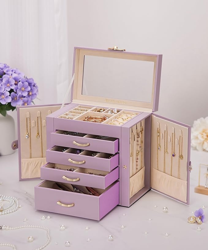 Enthralite Jewelry Box with 4 Drawers : Jewelry Display Organizer for Earrings Necklaces - Gift for Girls Women | Grey Purple