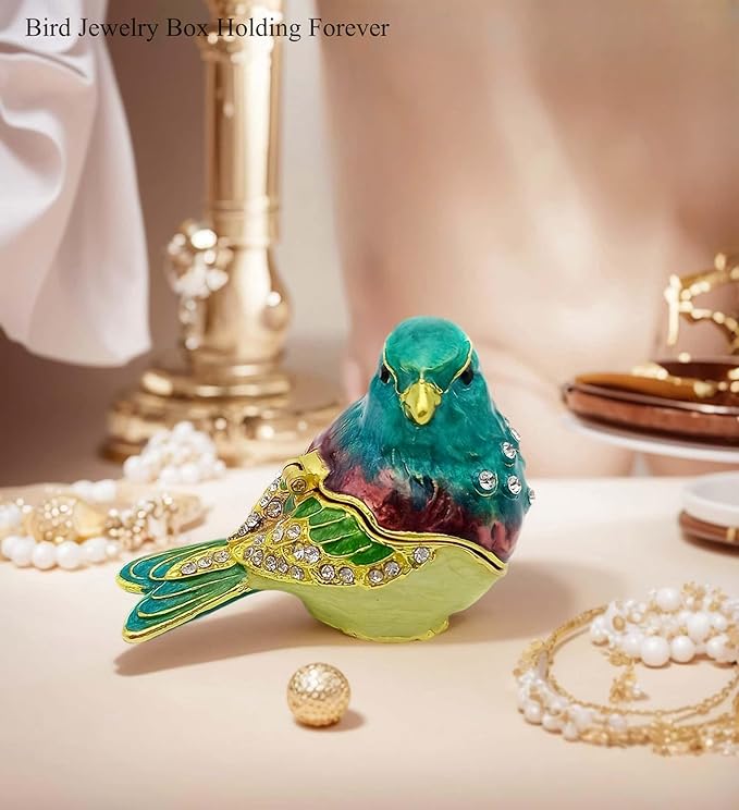 Turquoise Green Bird Trinket Boxes Hinged,Bird Decor with Crystals Enamel Jewelry Box.Necklace Ring Box Earrings Storage.Collectible Birds Lover Gifts Figurines Home Decor