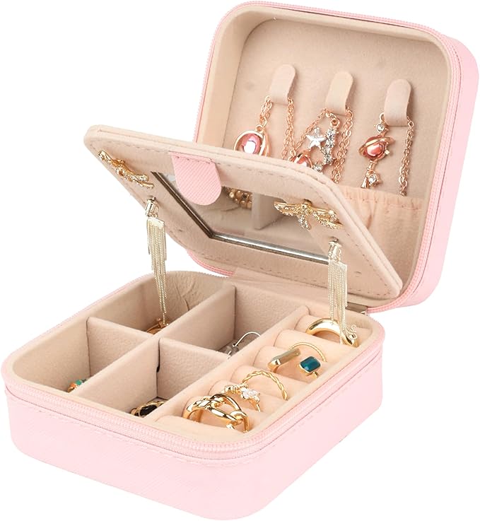 Travel jewelry case,Small Jewelry Box Organizer with Mirror, Gift for Women Girls,3.9"x3.9",Black,1Pack