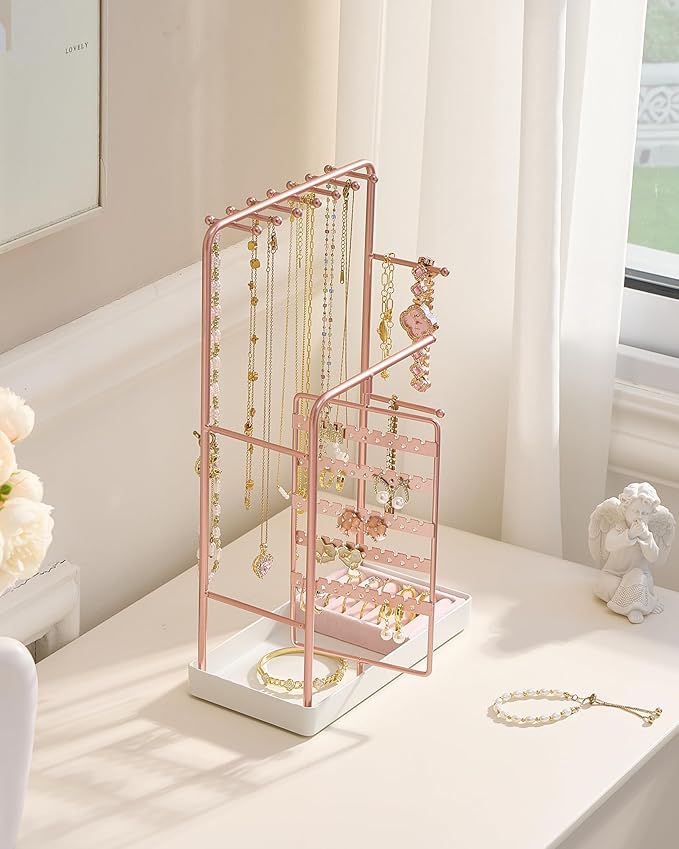 ProCase Jewelry Stand Holder Organizer, Jewelry Display Storage with Ring Tray, Rotating Earring Bracelet Necklace Holder, Valentine's Gifts Room Dorm Decor for Teen Girls -Rosegold (No-Assembly)
